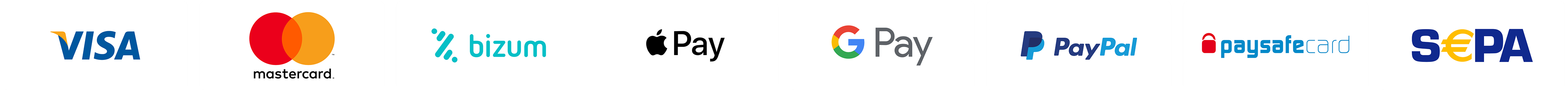 Visa, Mastercard, Bizum, Apple Pay, Google Pay, PayPal, Paysafecard, SEPA