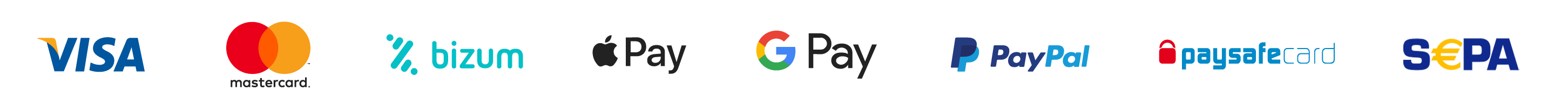 Visa, Mastercard, Bizum, Apple Pay, Google Pay, PayPal, Paysafecard, SEPA